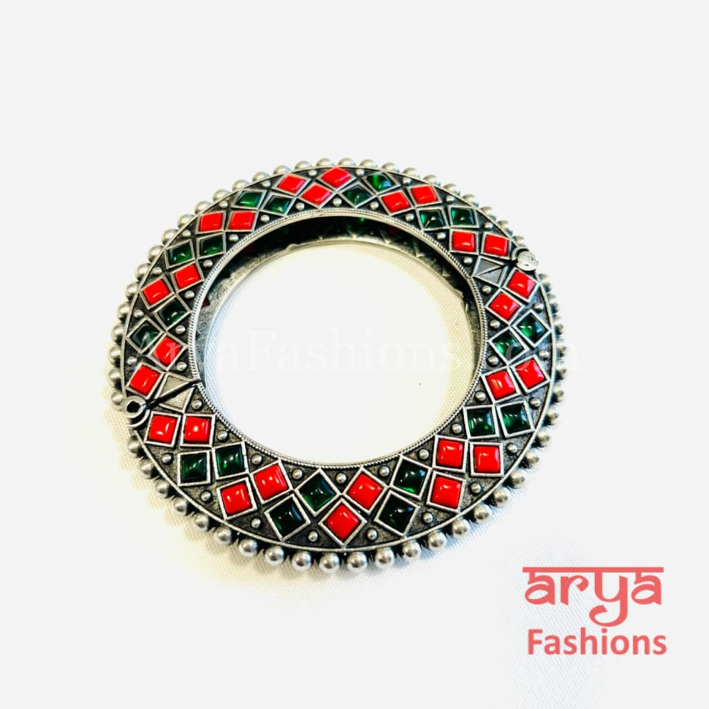 Gokhru style Ethnic Silver Oxidized Bracelet with Multicolor Stones/ Size 2.4