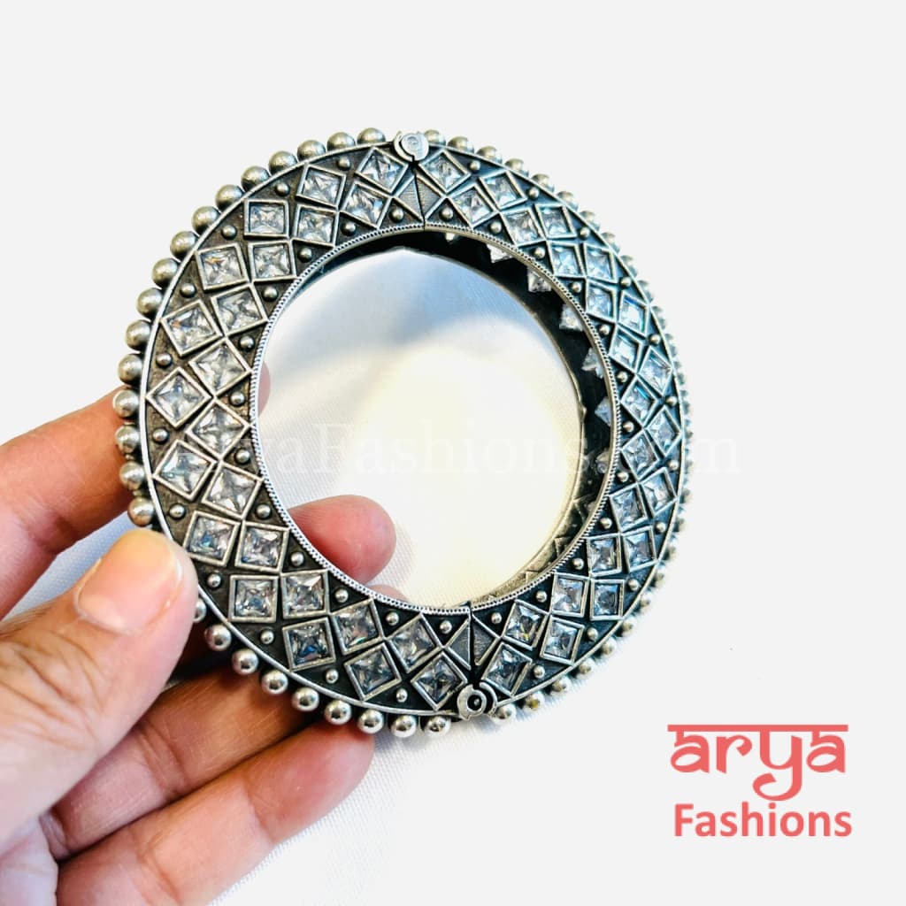 Gokhru style Ethnic Silver Oxidized Bracelet with Multicolor Stones/ Size 2.4