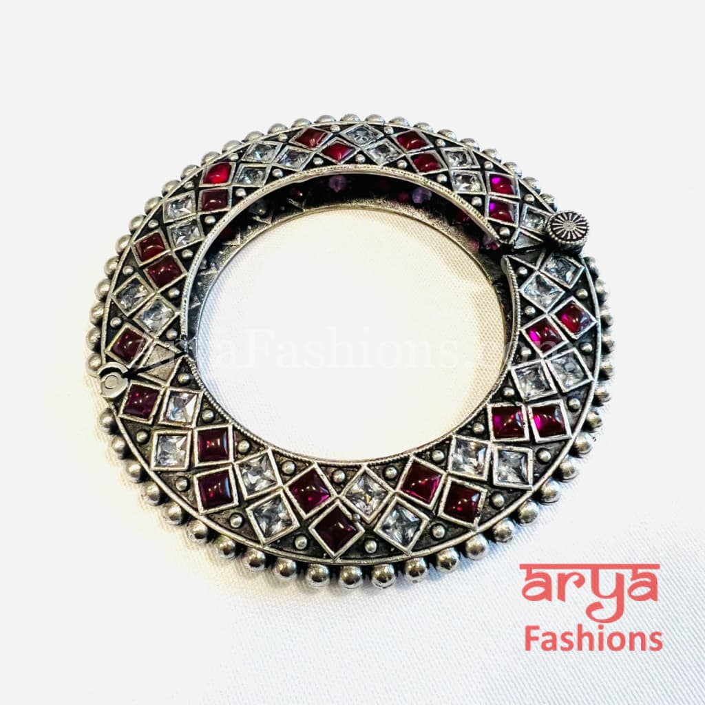 Gokhru style Ethnic Silver Oxidized Bracelet with Multicolor Stones/ Size 2.4