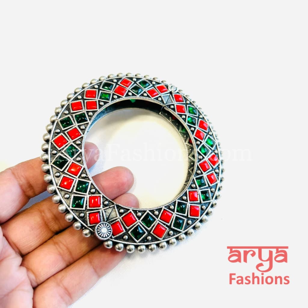 Gokhru style Ethnic Silver Oxidized Bracelet with Multicolor Stones/ Size 2.4