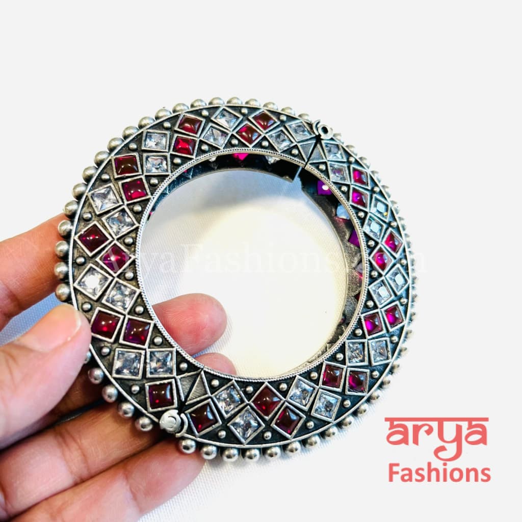 Gokhru style Ethnic Silver Oxidized Bracelet with Multicolor Stones/ Size 2.4