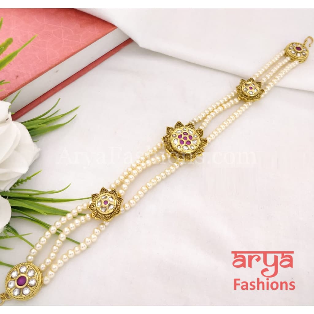 Golden Antique style Sheeshphool/ Pink Rajwadi Bridal Mathapatti