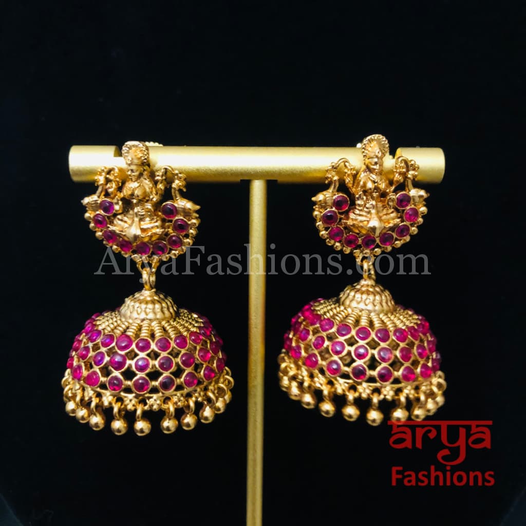 Golden Ball Jhumka Earrings with multicolor Kemp stones