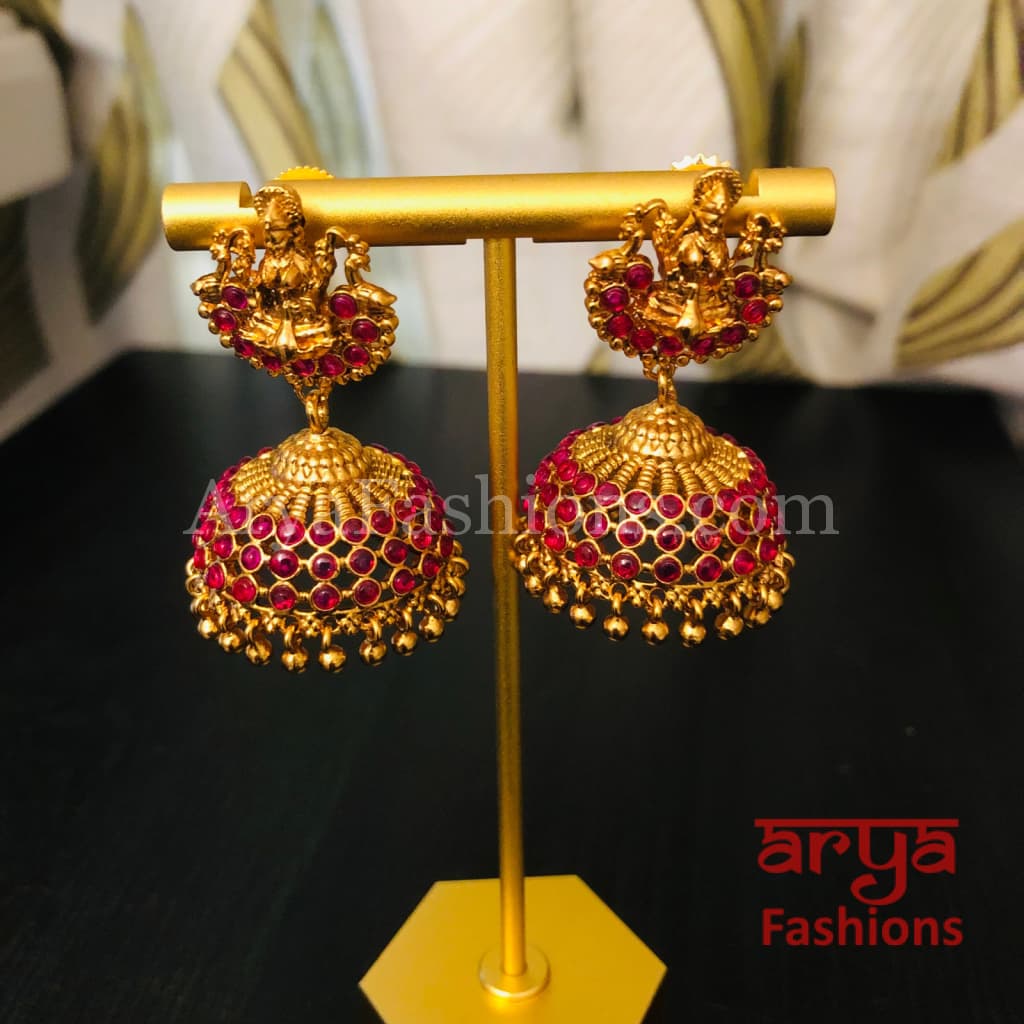 Golden Ball Jhumka Earrings with multicolor Kemp stones