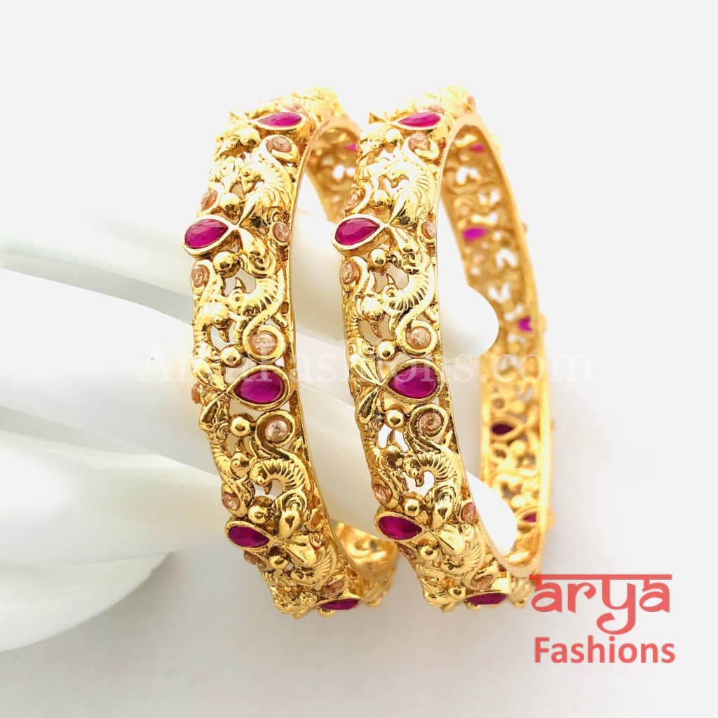 Golden Bangles with Ruby and White Stones Pair of 2
