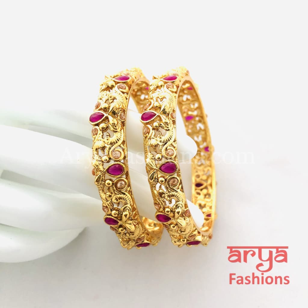 Golden Bangles with Ruby and White Stones Pair of 2