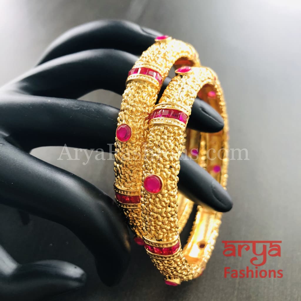 Golden Bangles with Ruby and White Stones Pair of 2