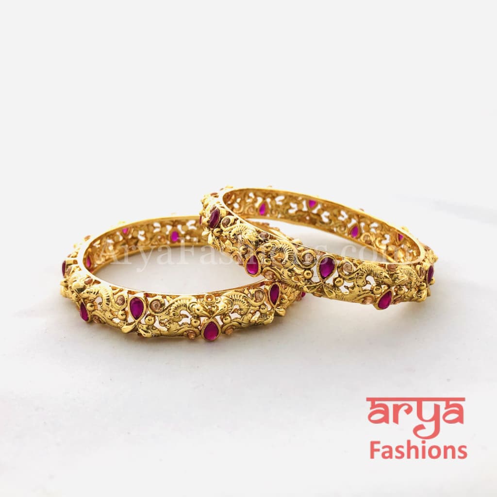 Golden Bangles with Ruby and White Stones Pair of 2