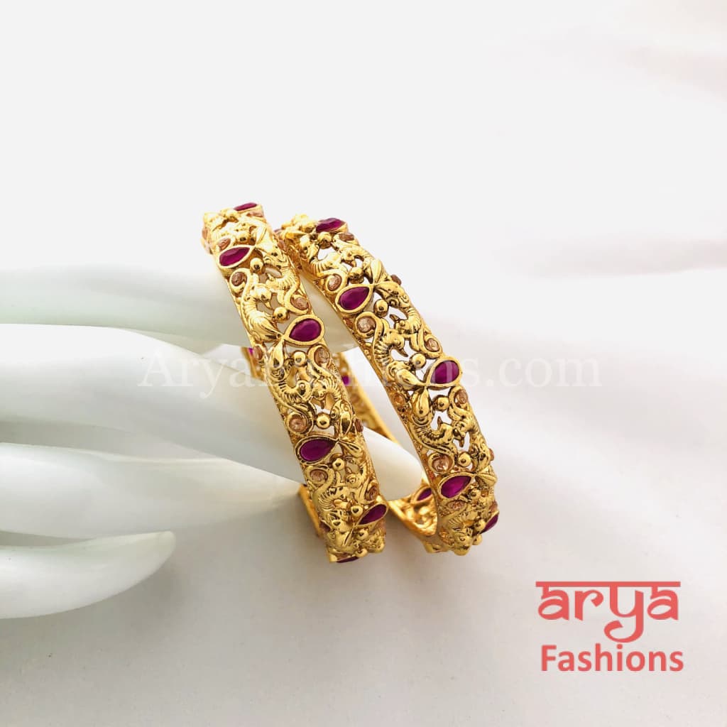 Golden Bangles with Ruby and White Stones Pair of 2