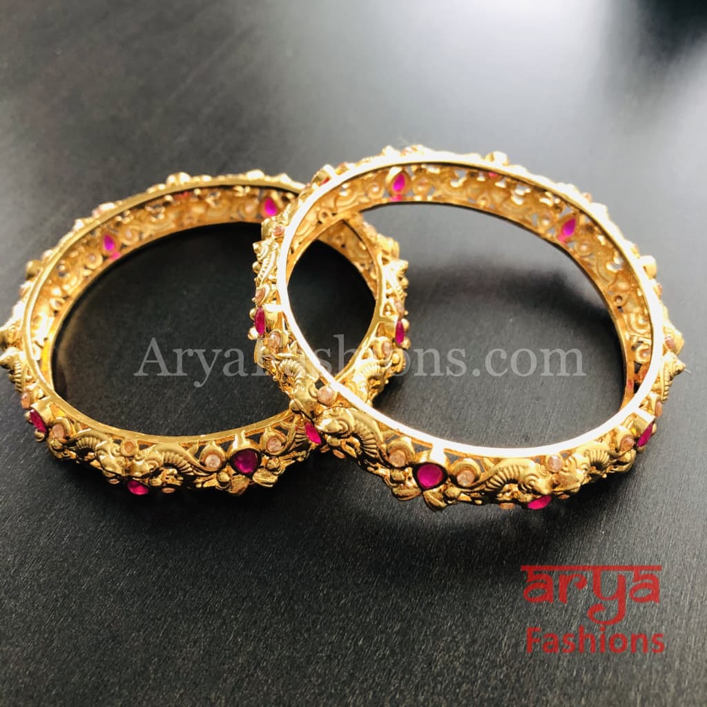 Golden Bangles with Ruby and White Stones Pair of 2