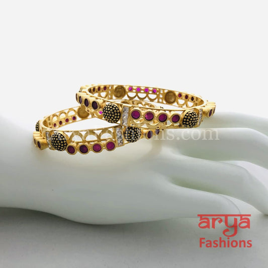 Golden Black Meenakari Ruby Kundan Bangles