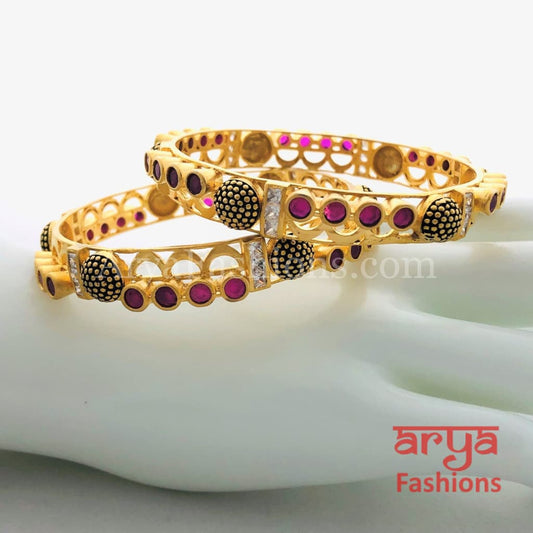 Golden Black Meenakari Ruby Kundan Bangles