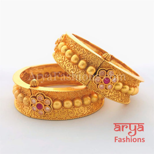 Golden Bridal Bangles with Ruby and White Stones