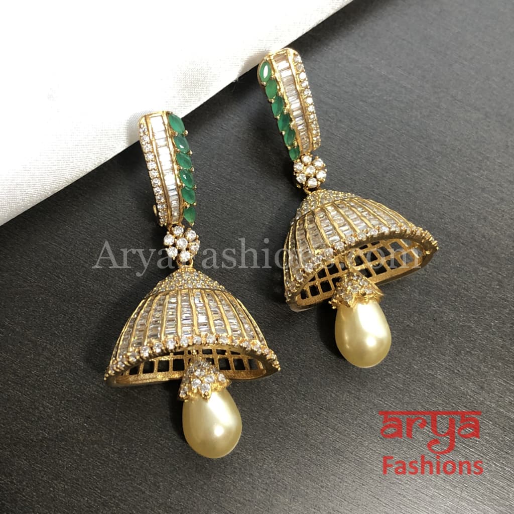 Golden Cubic Zirconia Jhumka earrings with Pearl Drop