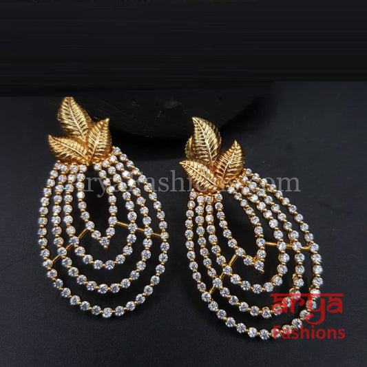 Golden Cubic Zirconia Leaf Style Trendy Earrings