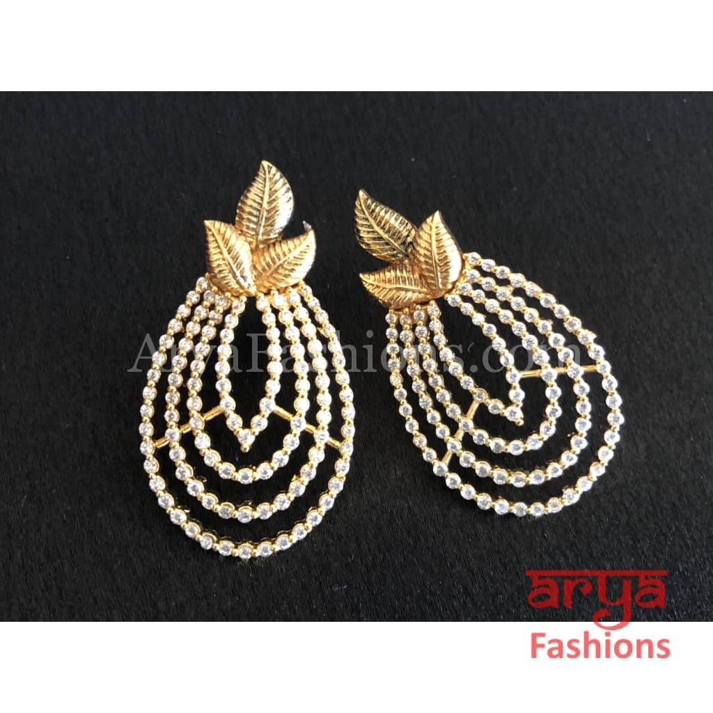 Golden Cubic Zirconia Leaf Style Trendy Earrings