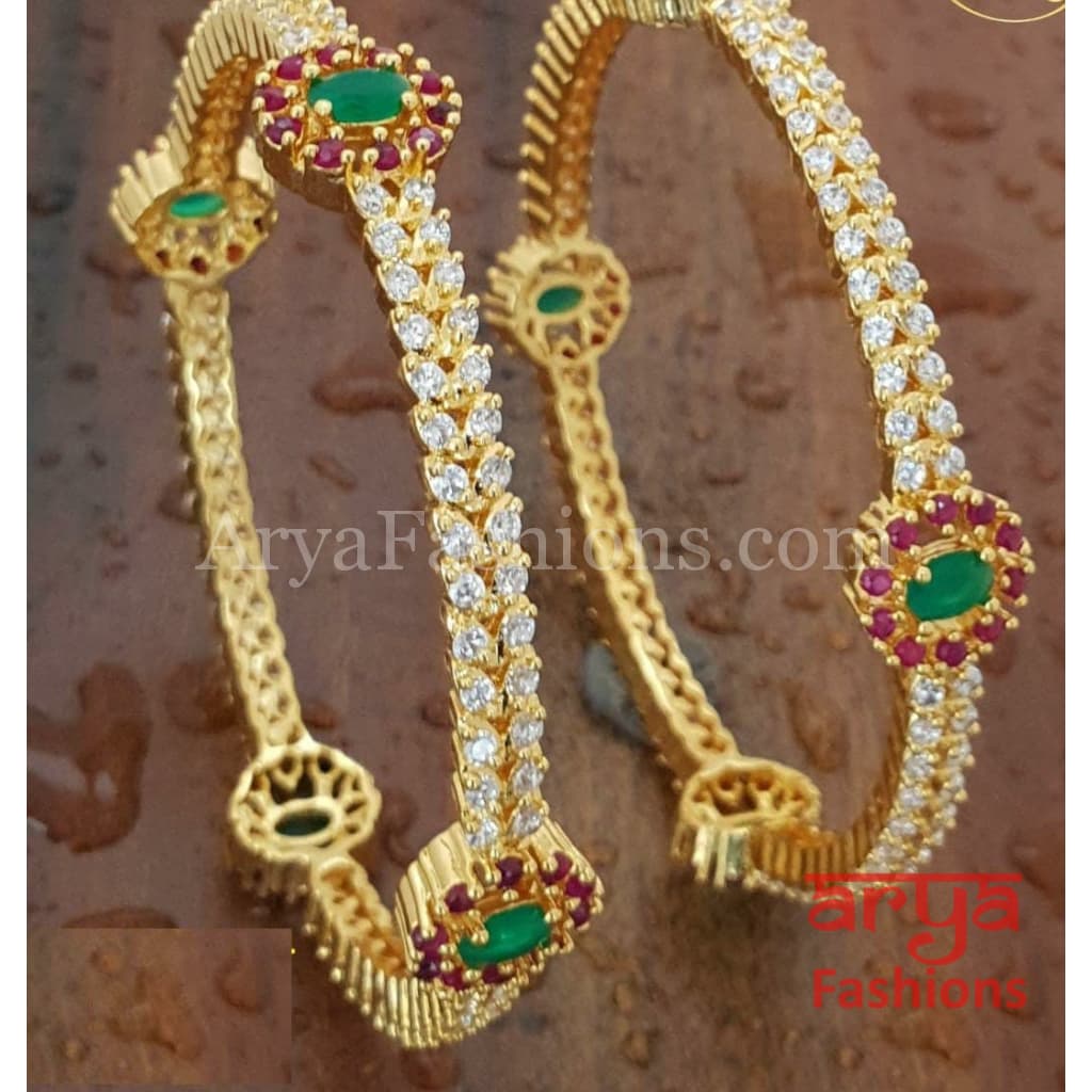 Golden CZ Bangles with Ruby and Emerald Stones Pair of 2 Available sizes