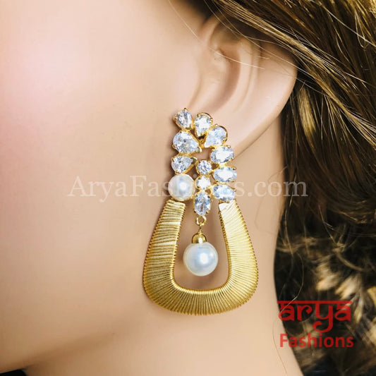 Golden CZ Fusion Earrings/ Gray Pearl Cocktail Earrings