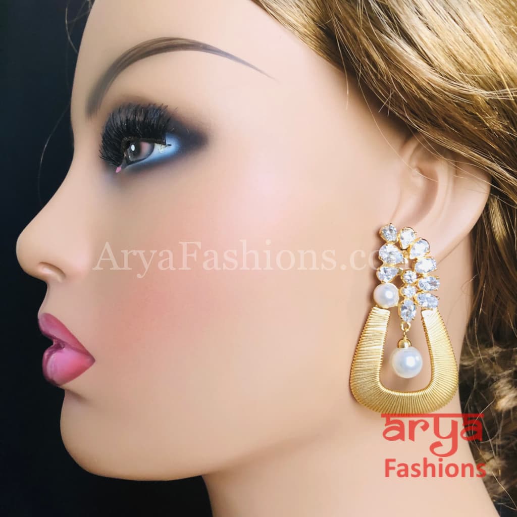 Golden CZ Fusion Earrings/ Gray Pearl Cocktail Earrings