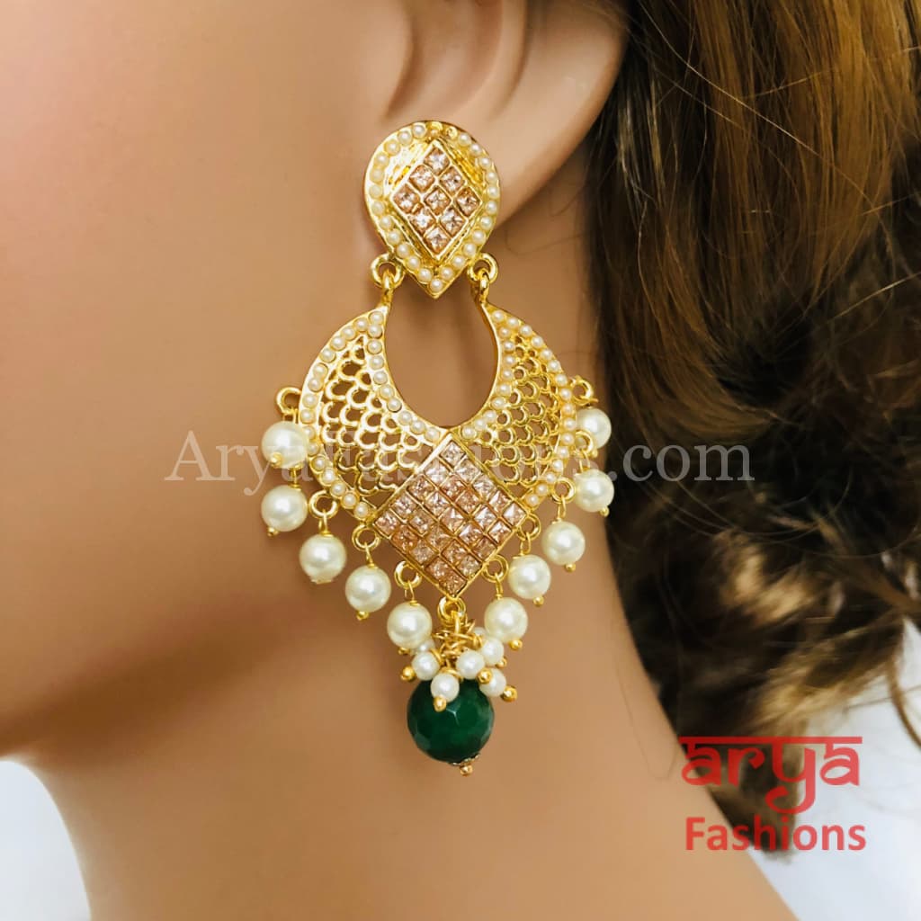 Golden Emerald Kundan Chandbali Earrings