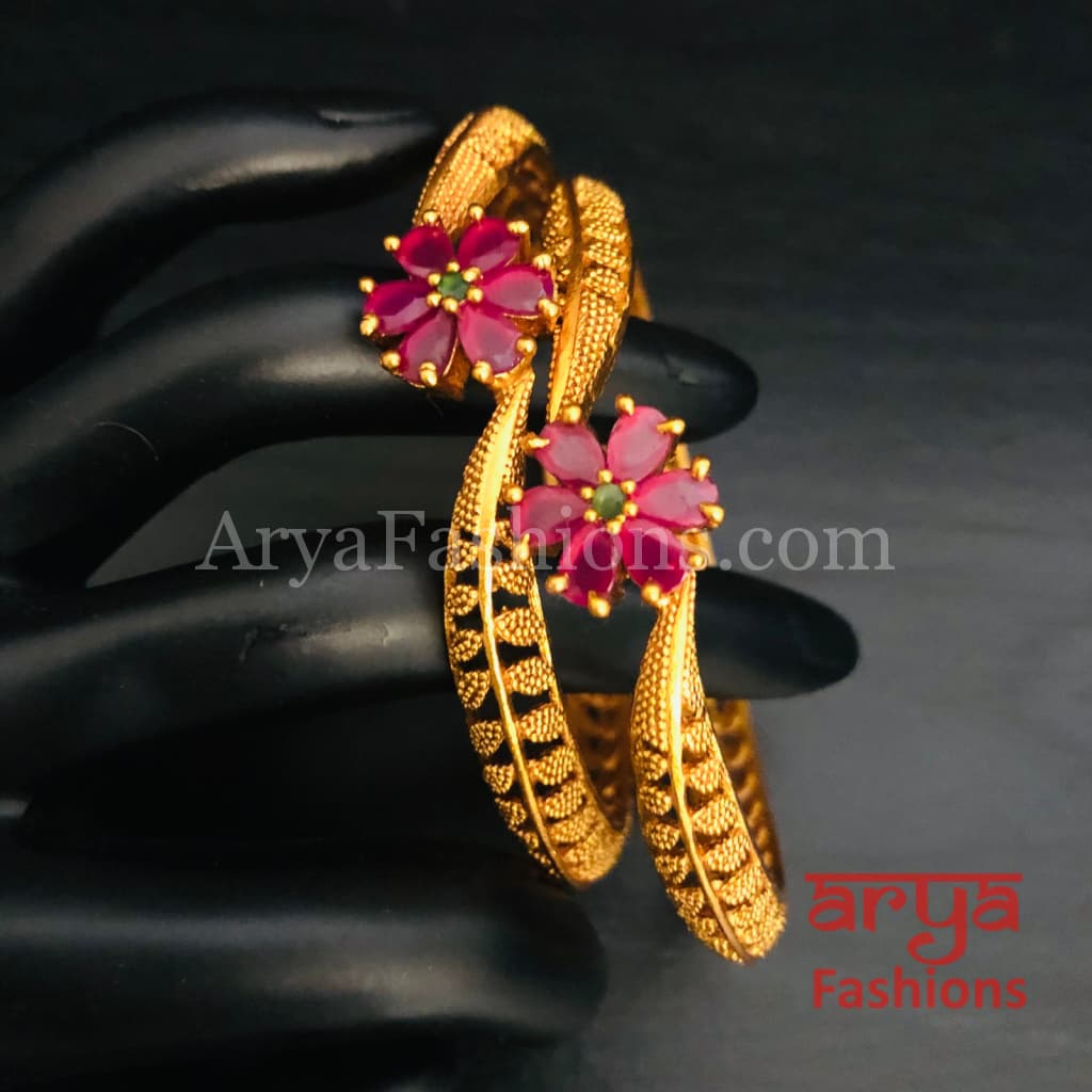 Golden Gokhru Bangles with Ruby Flower