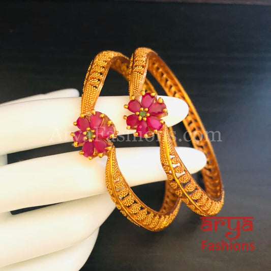 Golden Gokhru Bangles with Ruby Flower