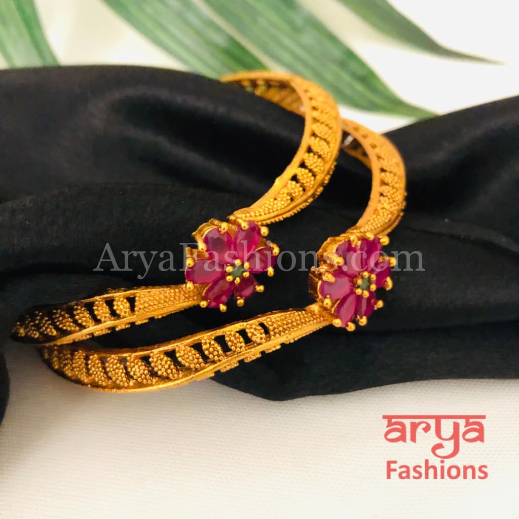 Golden Gokhru Bangles with Ruby Flower