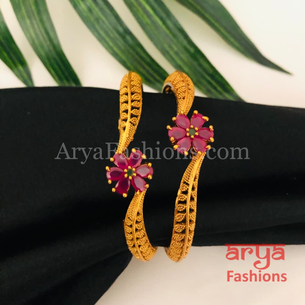 Golden Gokhru Bangles with Ruby Flower