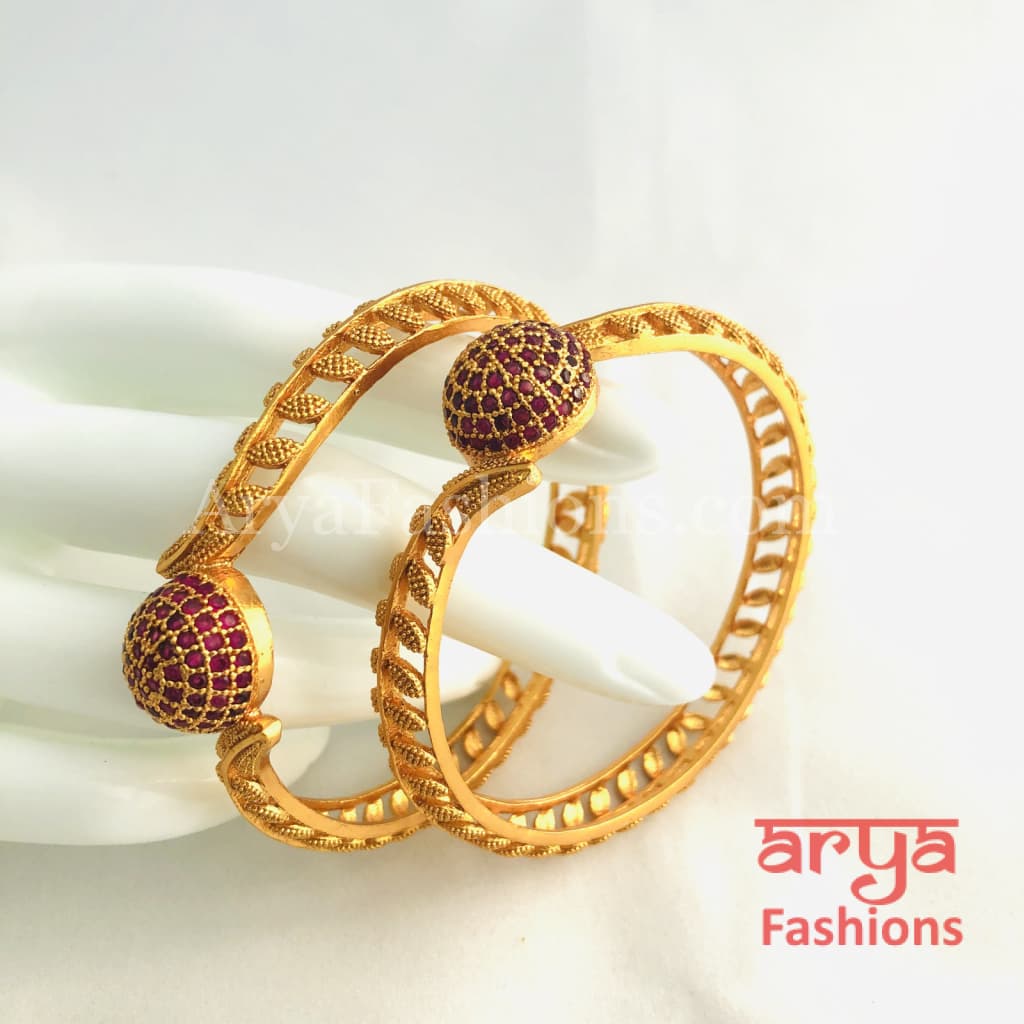 Golden Gokhru Bangles with Ruby Stones South Indian Jewelry Kada