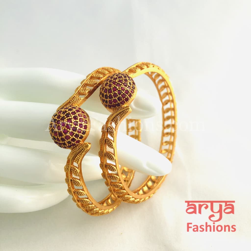 Golden Gokhru Bangles with Ruby Stones South Indian Jewelry Kada