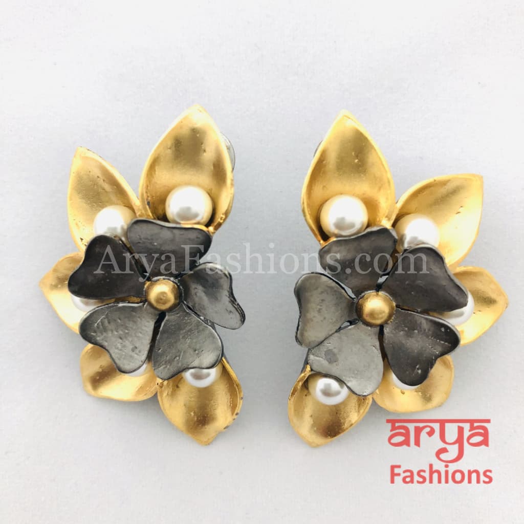 Golden Gray Pearl Fusion Kundan Ethnic Earrings