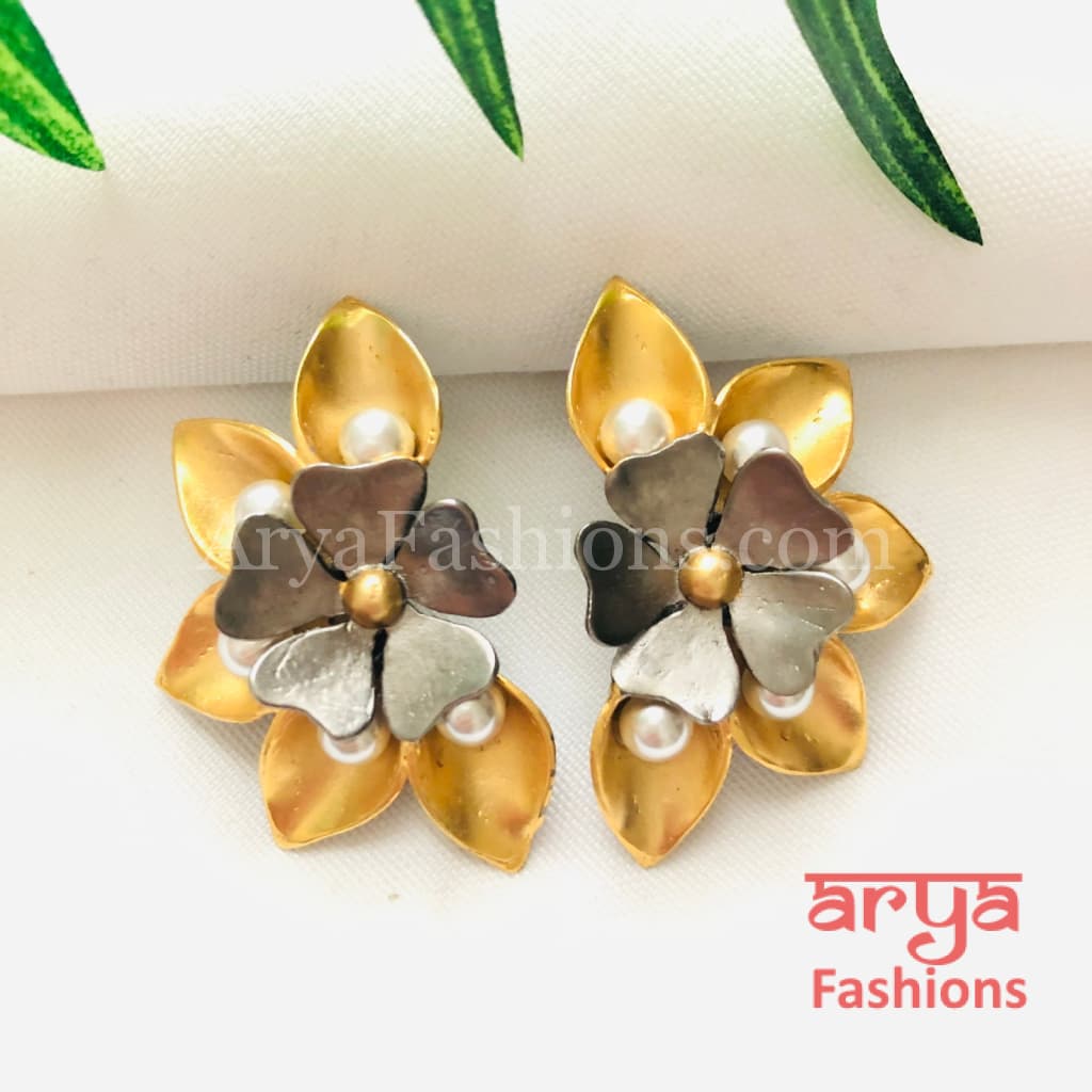 Golden Gray Pearl Fusion Kundan Ethnic Earrings