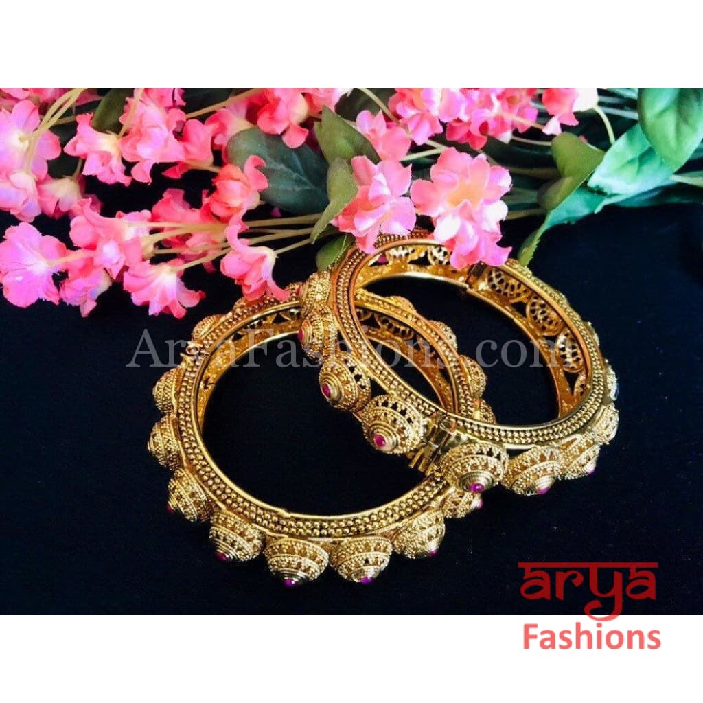 Golden Hand carved Openable Bangles with Ruby Stones