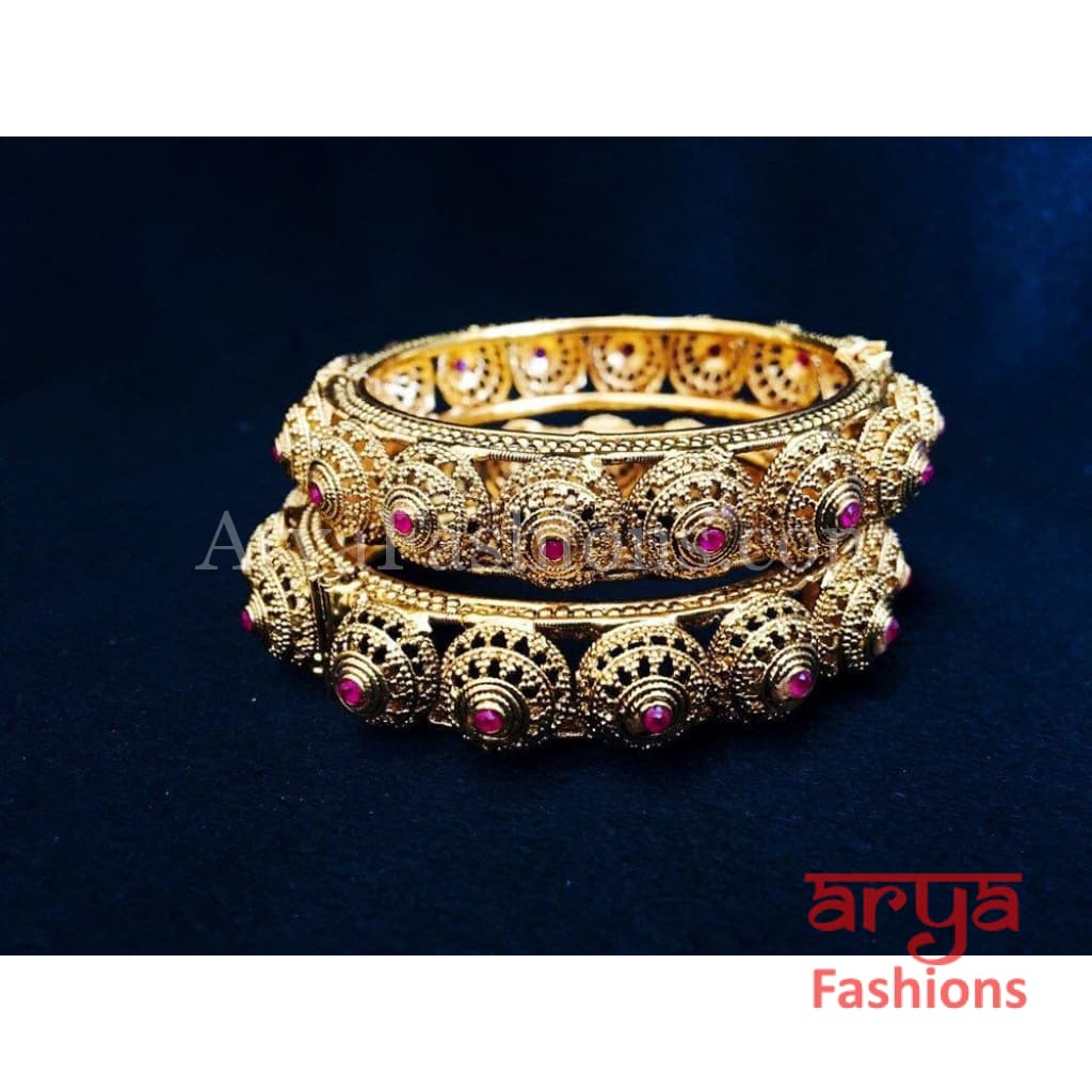 Golden Hand carved Openable Bangles with Ruby Stones