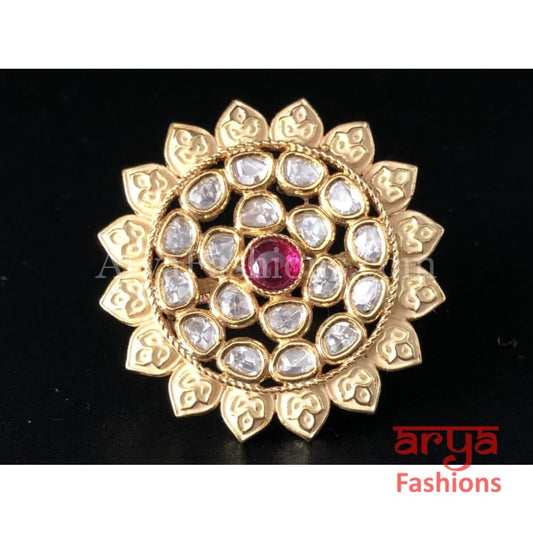 Golden Ivory White Meenakari Kundan Ring