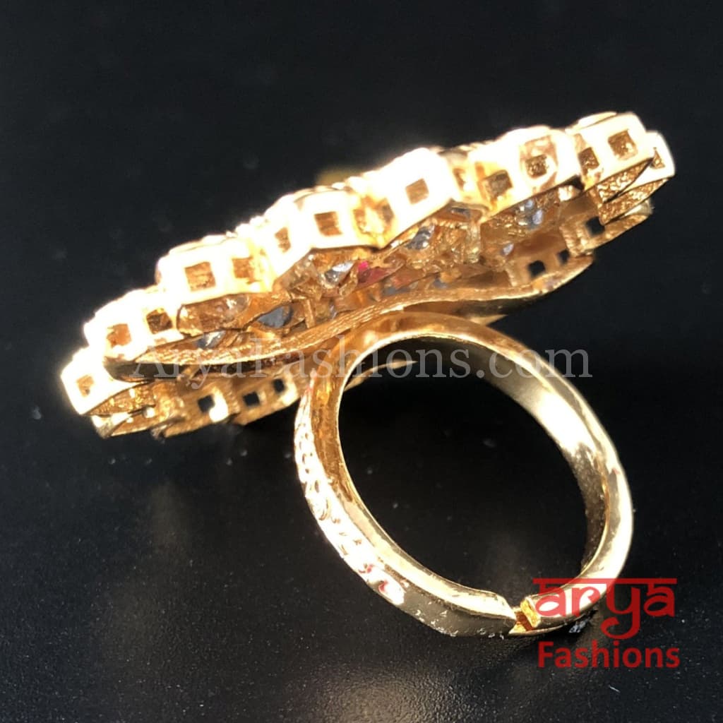 Golden Ivory White Meenakari Kundan Ring