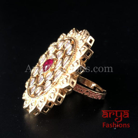 Golden Ivory White Meenakari Kundan Ring