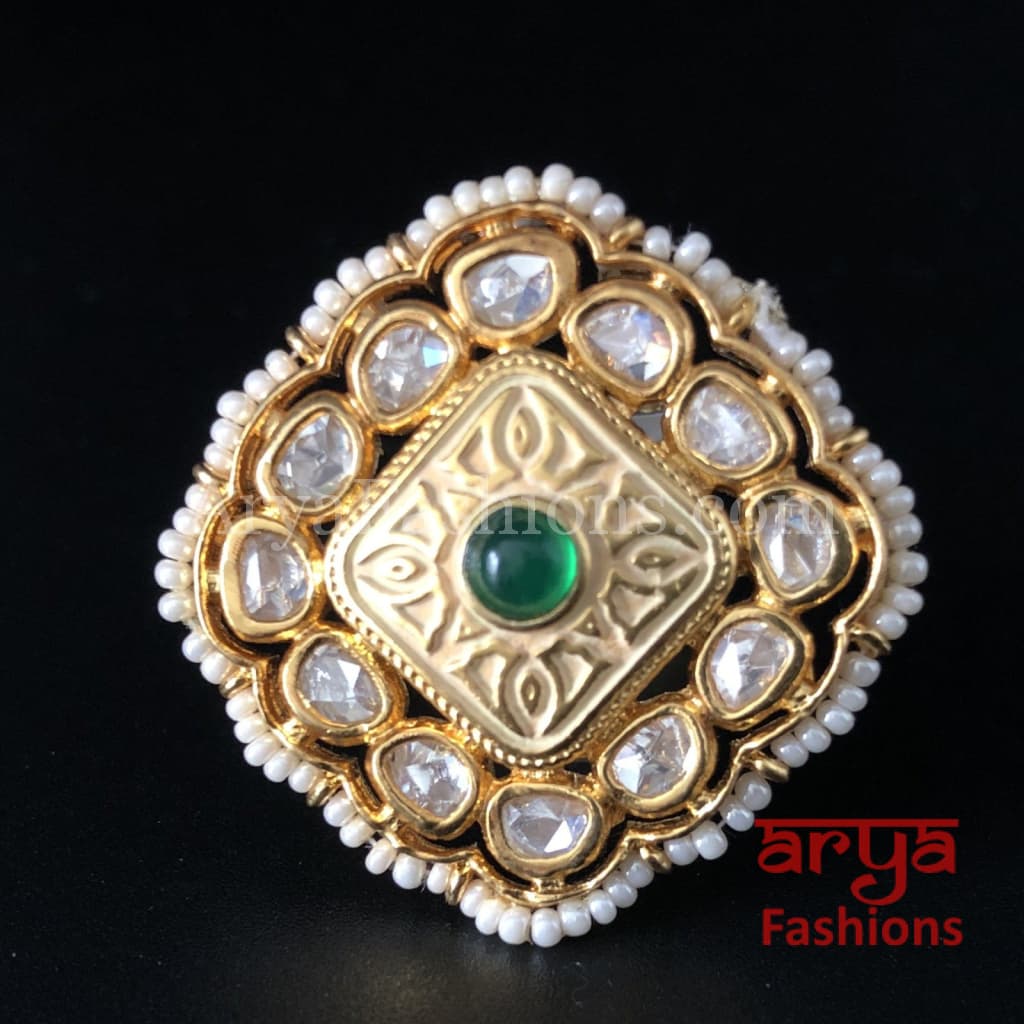 Golden Ivory White Meenakari Kundan Ring with Emerald Center Stone
