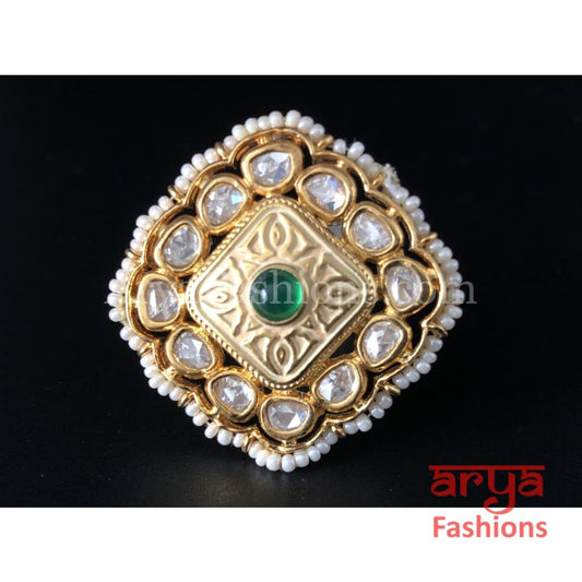 Golden Ivory White Meenakari Kundan Ring with Emerald Center Stone