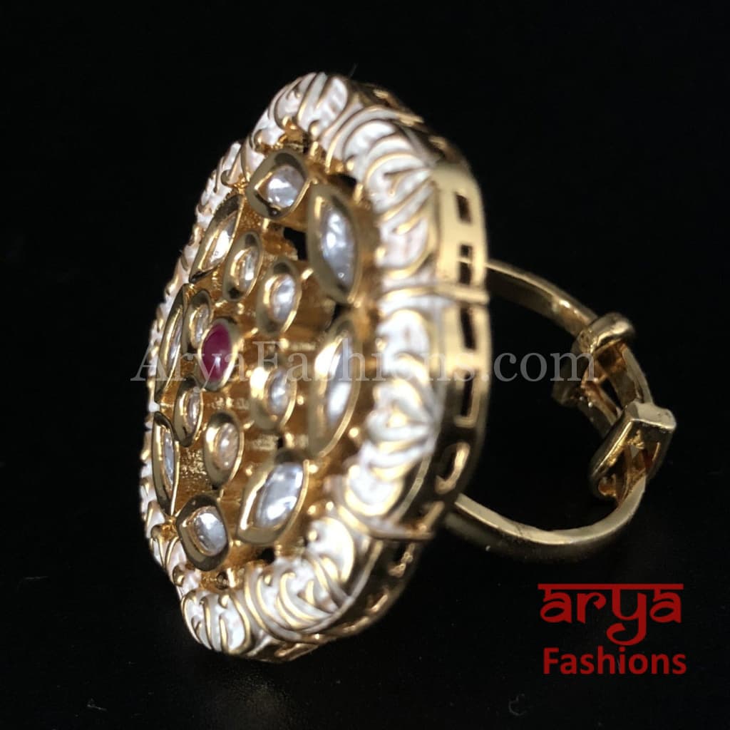 Golden Ivory White Meenakari Kundan Ring with Ruby Center Stone