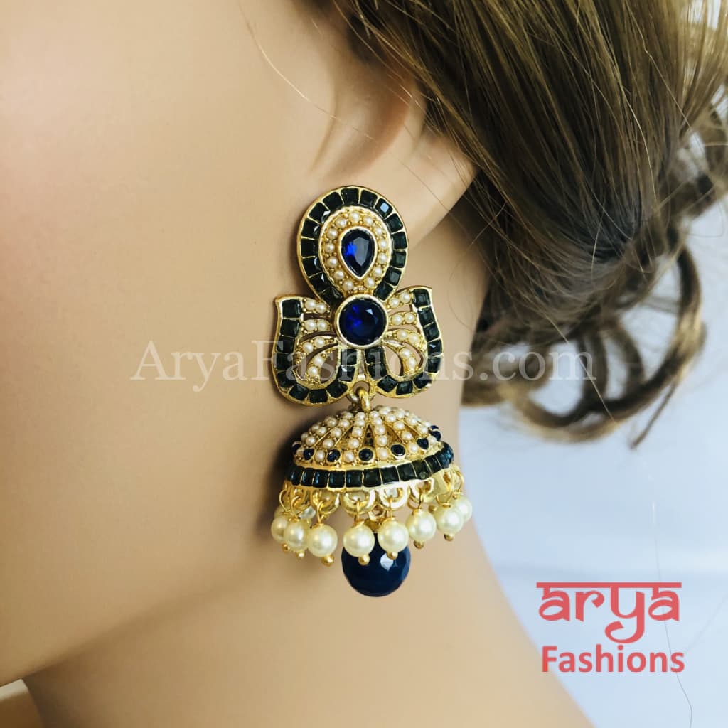 Golden Jhumka Earring with Blue Stones
