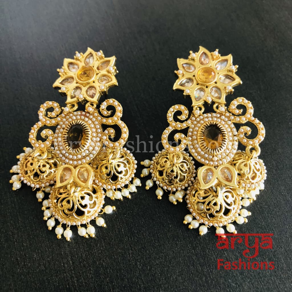 Golden Jhumka Earring with Pearls and Champagne Stones