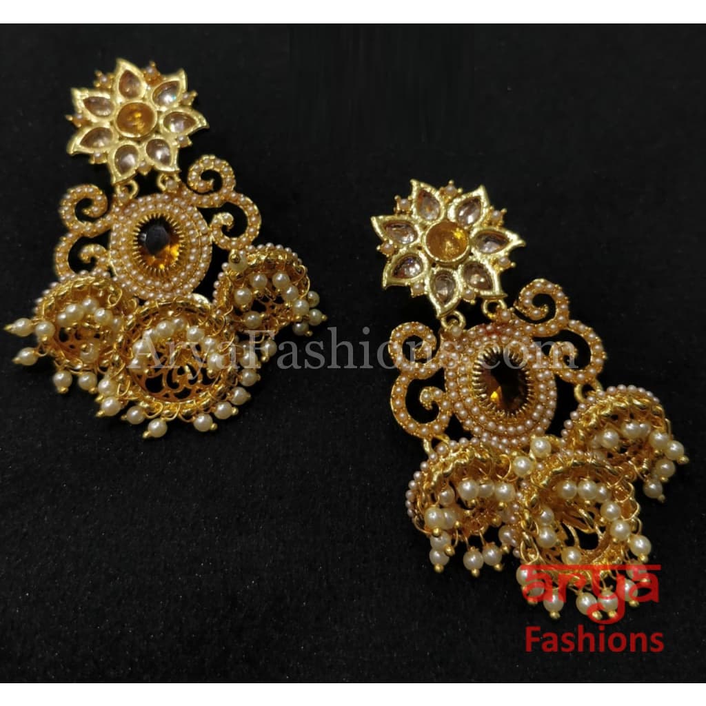 Golden Jhumka Earring with Pearls and Champagne Stones