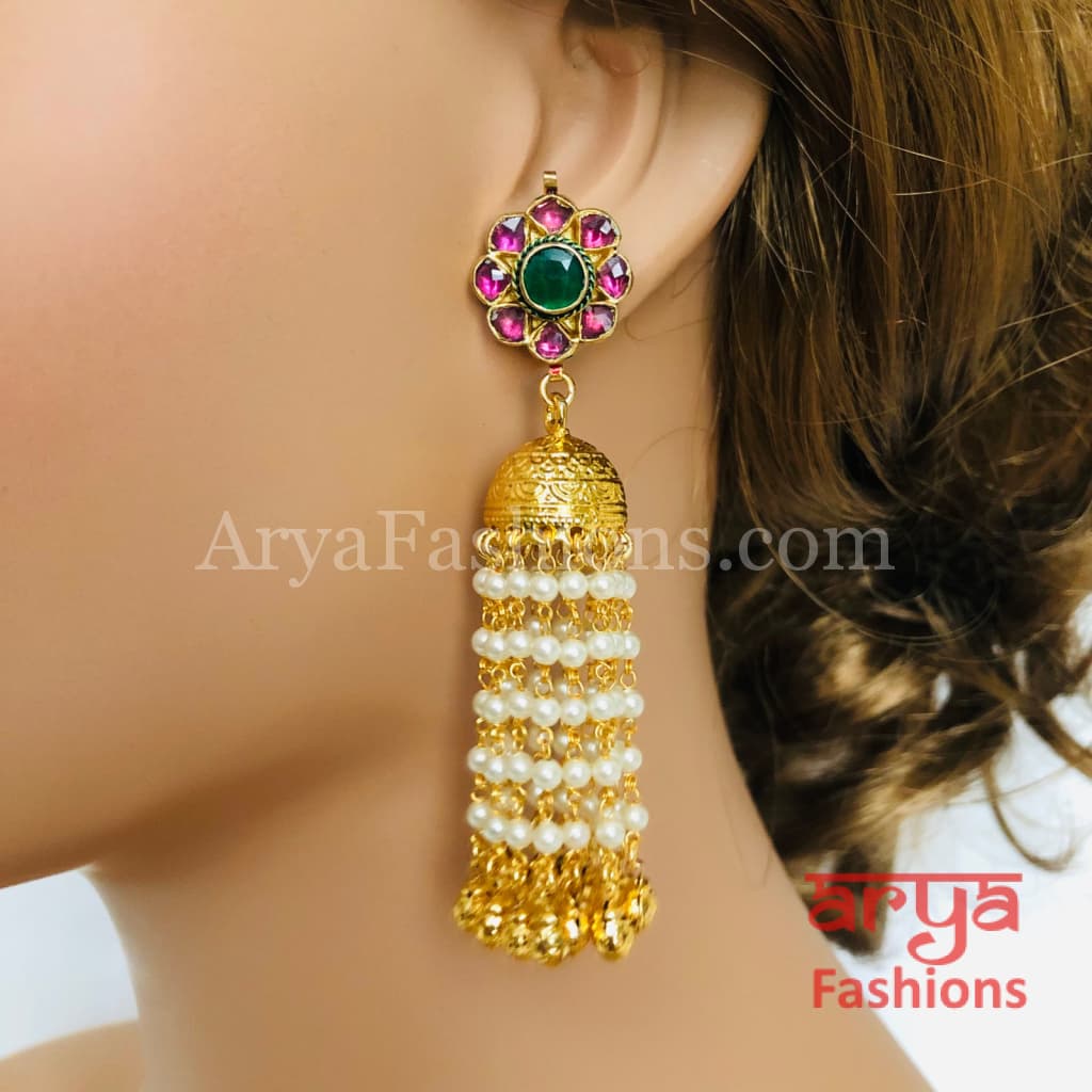 Golden Jhumka Earrings with Pearl Beads and Pink Stones