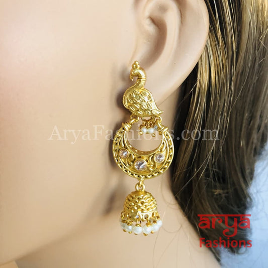 Golden Kundan Pearl Bird Jhumka Earrings