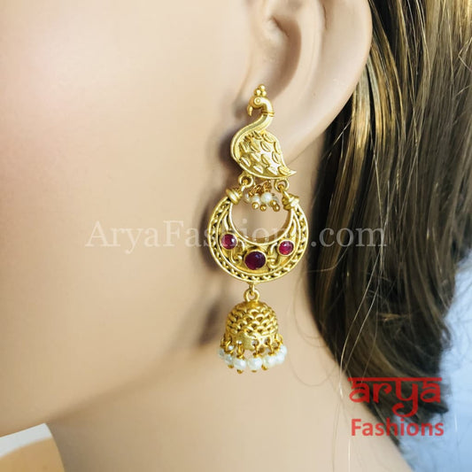 Golden Kundan Pearl Bird Jhumka Earrings