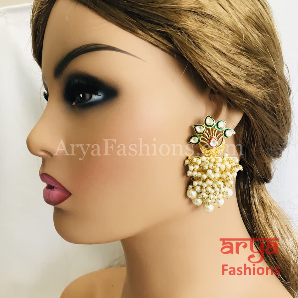 Golden Kundan Pearl Meenakari Ethnic Earrings