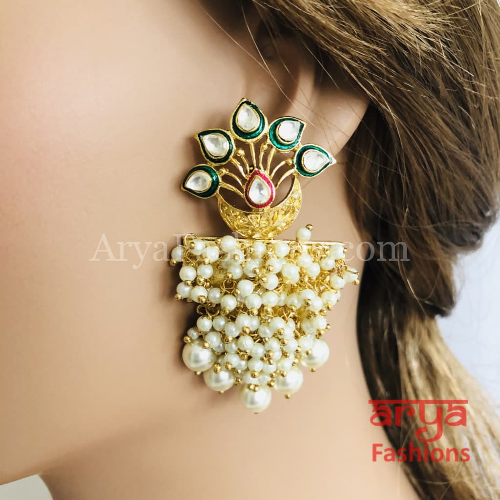 Golden Kundan Pearl Meenakari Ethnic Earrings
