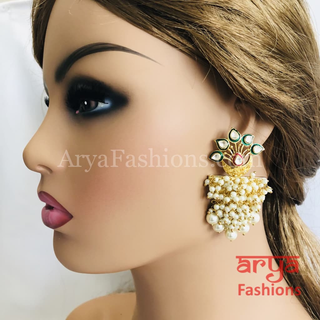Golden Kundan Pearl Meenakari Ethnic Earrings