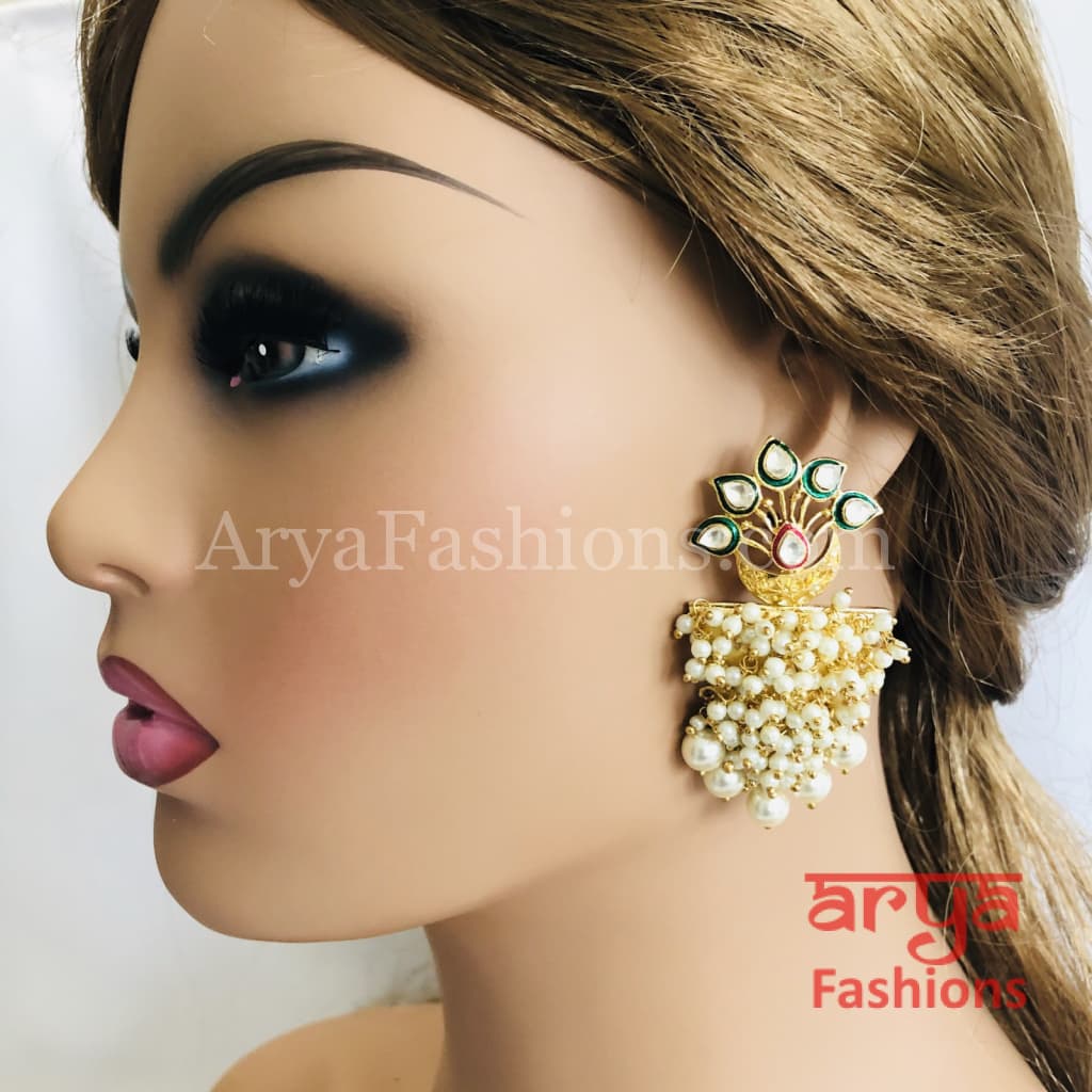 Golden Kundan Pearl Meenakari Ethnic Earrings